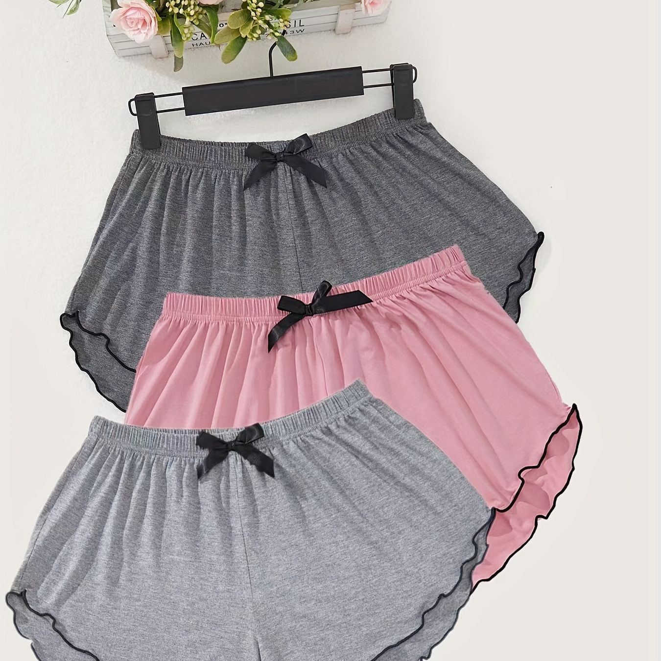 

Women's Casual Polyester Pajama Shorts Set - Solid Color, Knit Fabric, Stretch Waist With Drawstring, Scalloped Hem, 3-pack (pink, Dark Gray, Gray)