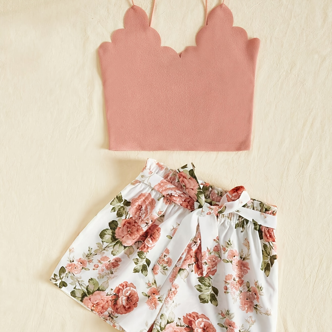 

Summer 2 Piece Set, Scallop Trim Cami Top & Floral Print Tie Waist Shorts Outfits, Women's Clothing