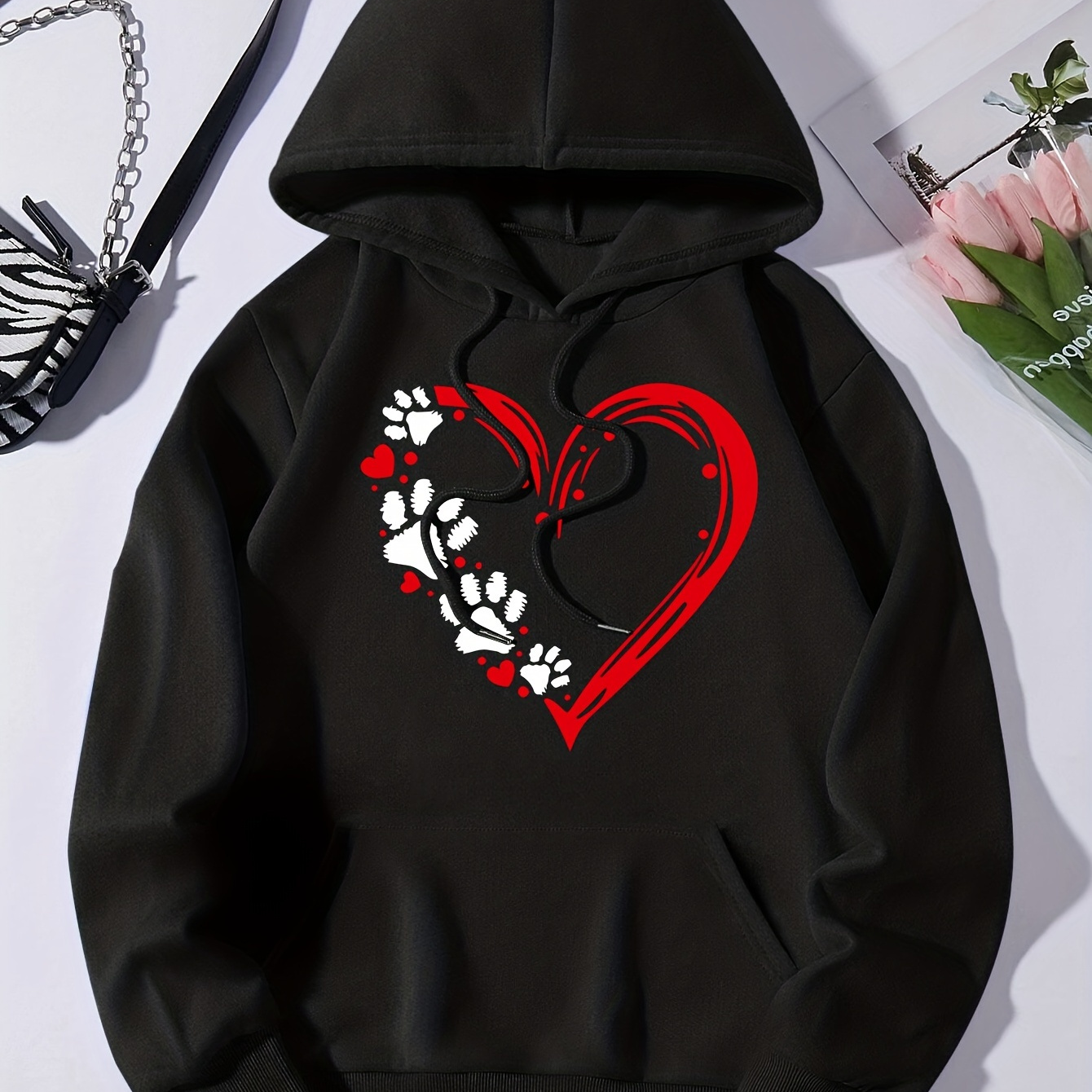 

Dog Paw Heart Print Hoodie, Casual Pocket Long Sleeve Drawstring Hoodies Sweatshirt, Women's Clothing