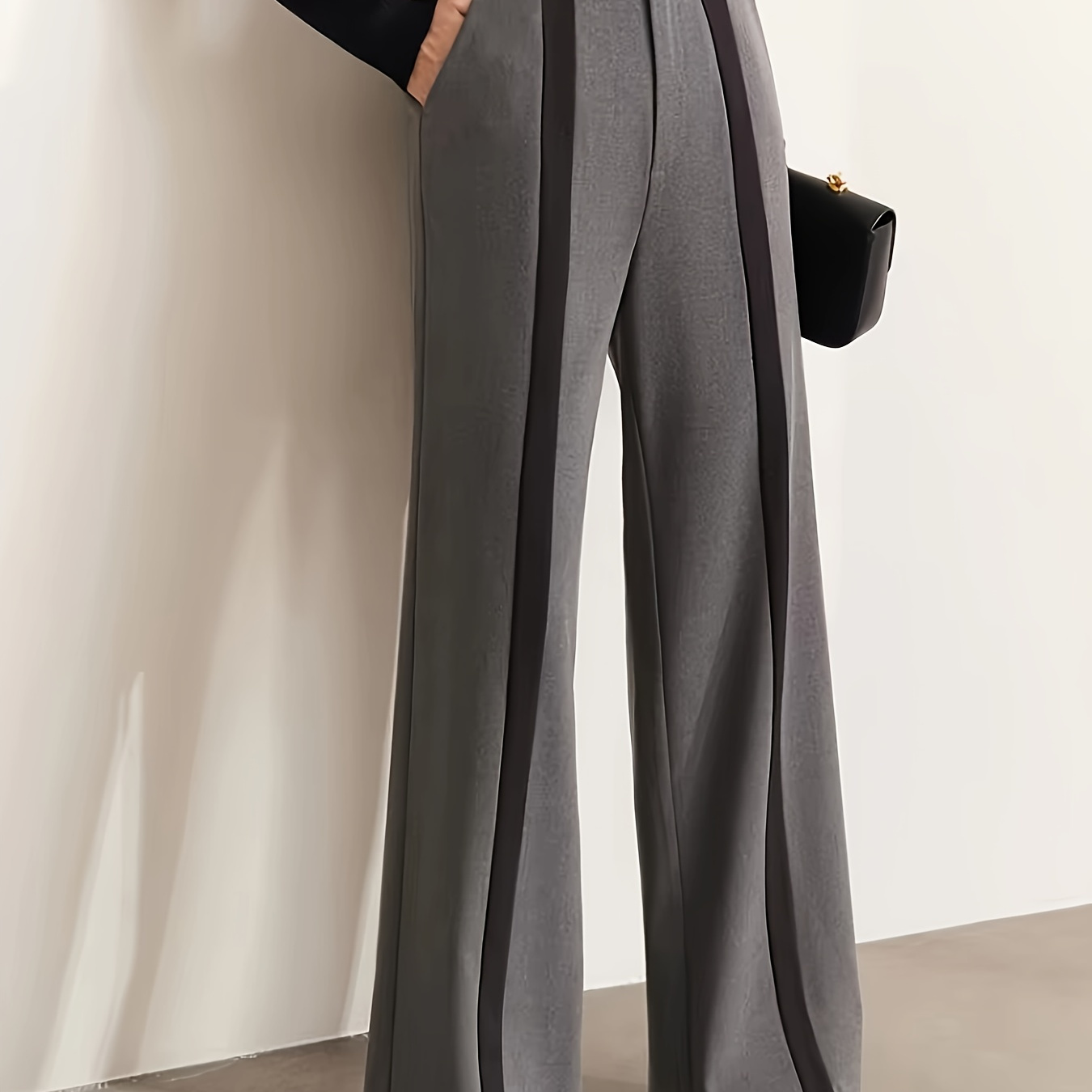 

Pantalon droit en polyester élégant, couleur unie avec détail de bloc de couleur, longueur longue, tissu tissé, pour adultes, convenable pour toutes les