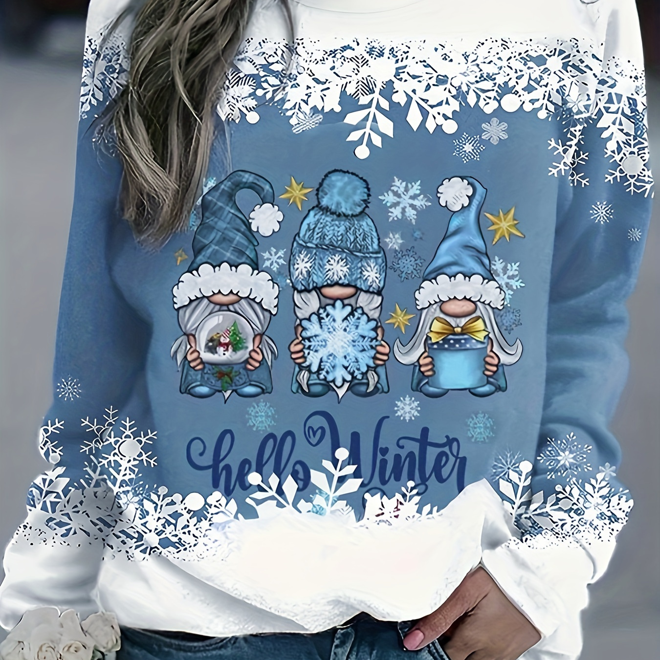 

Christmas Gnomes Print Sweatshirt, Casual Long Sleeve Crew Neck Sweatshirt, Women's Clothing