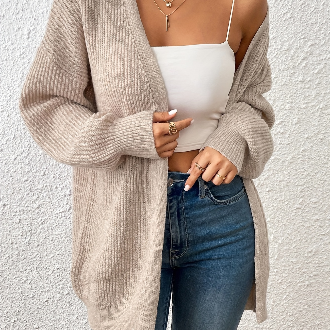 

Solid Color Open Front Cardigan, Casual Long Sleeve Cardigan For Spring & Fall, Women's Clothing