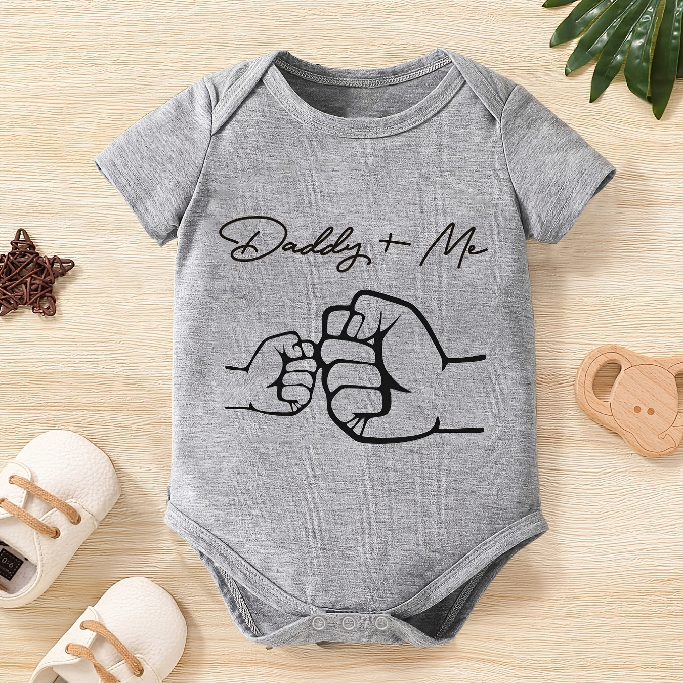 

Baby Boys Casual "daddy+me" Print Romper, Short Sleeve Crew Neck Bodysuit For Summer