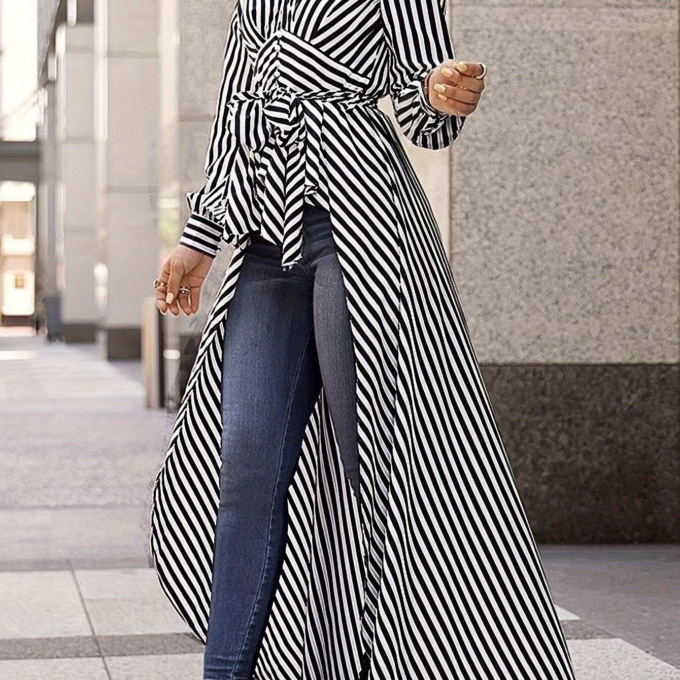 

Striped Print V-neck Belted Tunics, Elegant High-low Hem Long Sleeve Top For Spring & Fall, Women's Clothing