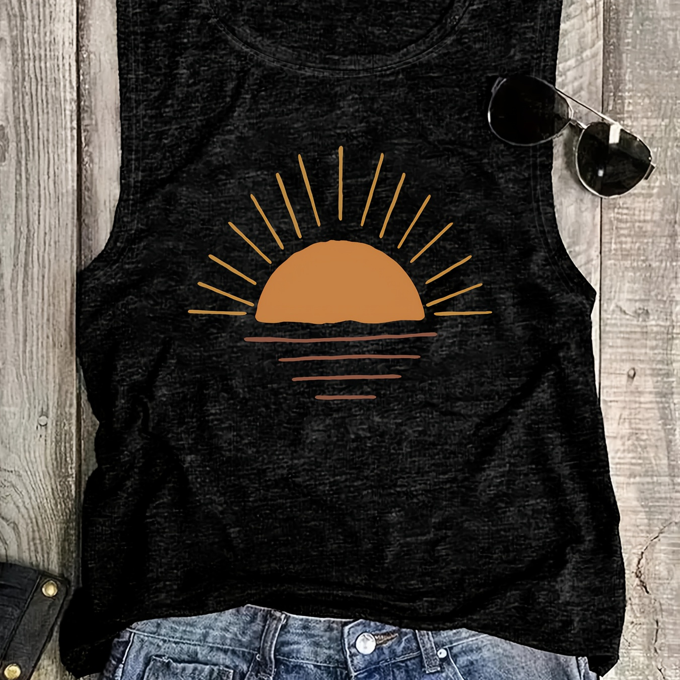 

Sun Graphic Print Tank Top, Sleeveless Casual Top For Summer & Spring, Women's Clothing