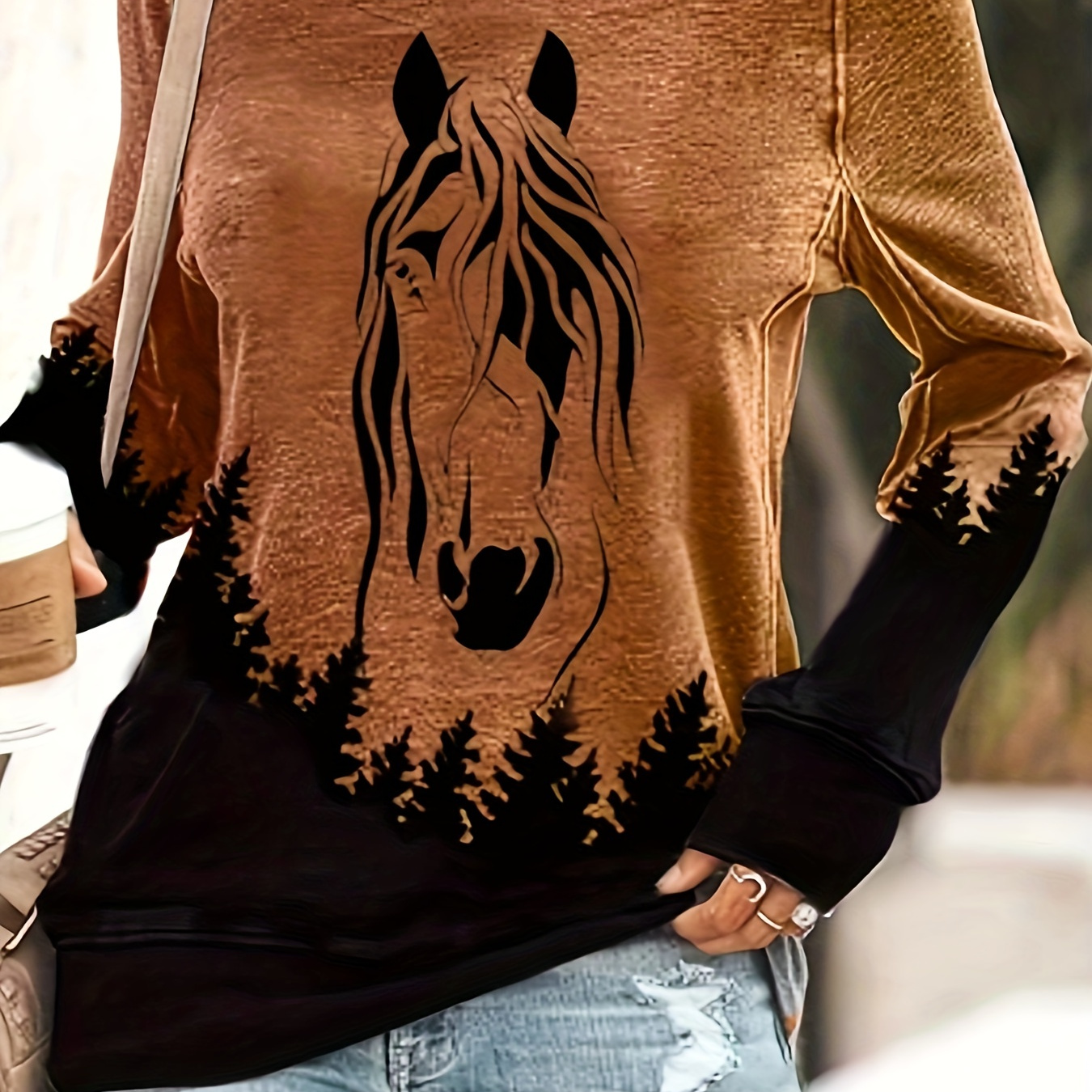 

Horse Print Crew Neck T-shirt, Casual Long Sleeve Top For Spring & Fall, Women's Clothing