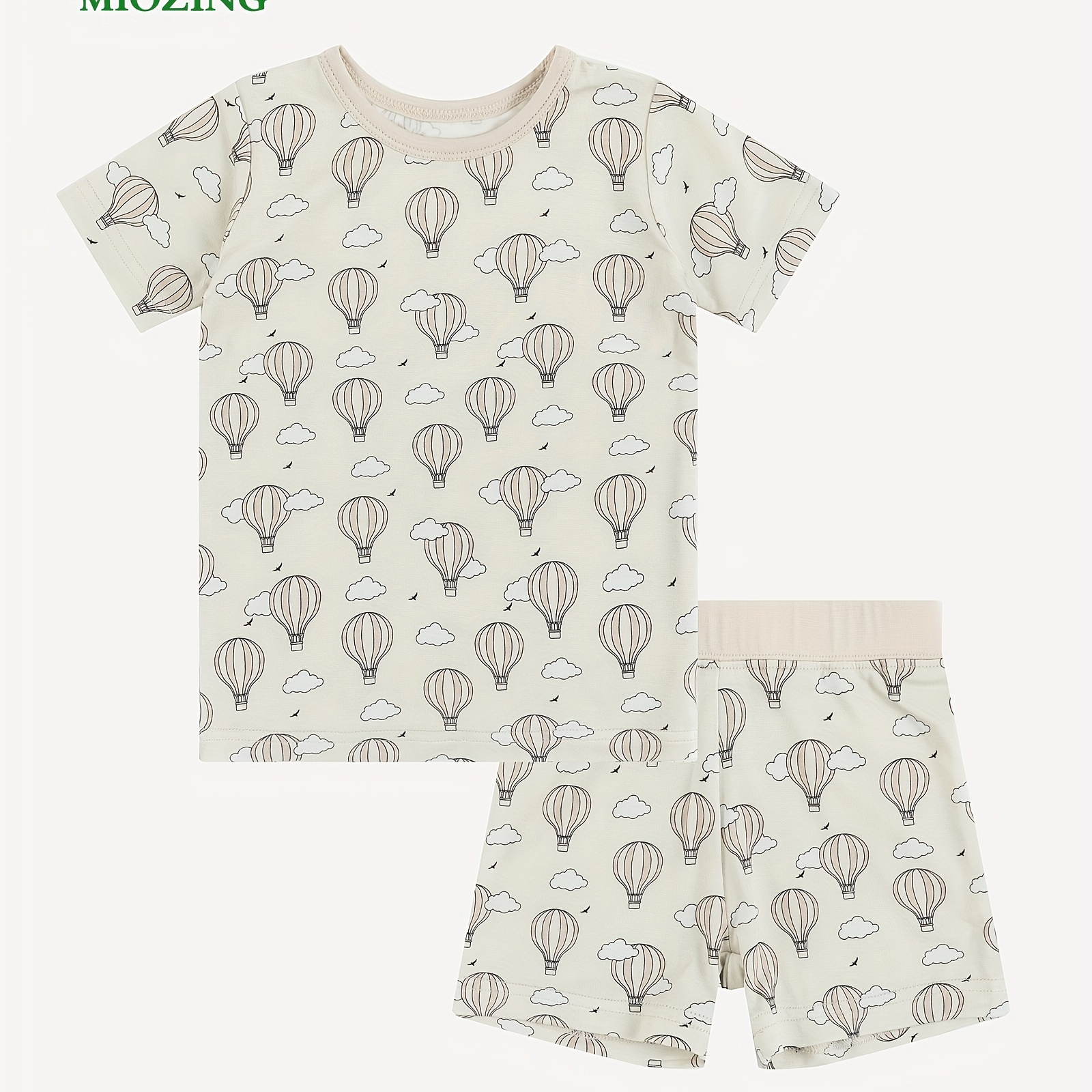 

2pcs Baby Boy's Bamboo Fiber Fabric Set, Cute Short Sleeve T-shirt And Shorts With Hot Air Balloon Print