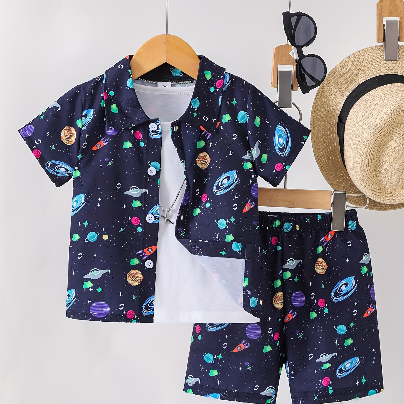 

2pcs Boys Casual Space Planet Allover Graphic Print Short Sleeve Lapel Shirt & Shorts Set, Comfy Summer Boys Clothing