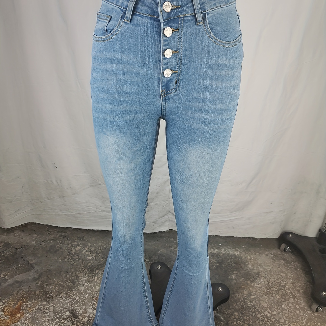 

Dark Blue High-stretch Flared Jeans, Bootcut Slim Fit Slash Pockets Single-breasted Button Denim Pants, Women's Denim Jeans & Clothing