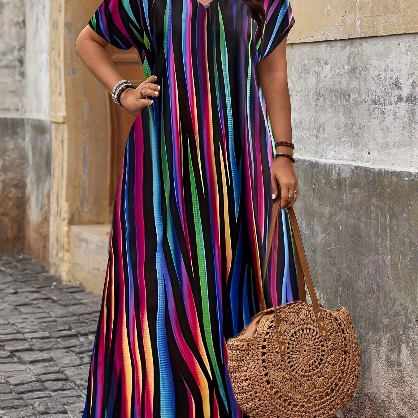 

Plus Size Stripe Print V Neck Loose Dress, Casual Short Sleeve Dress For Spring & Summer, Women's Plus Size Clothing