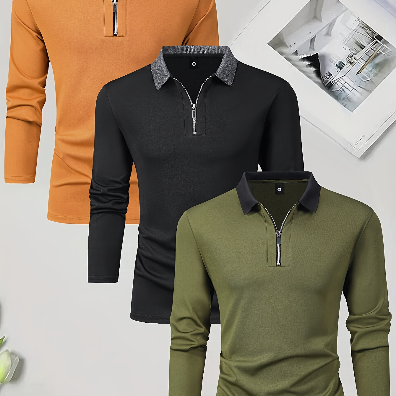 

3pcs Men's Casual V-neck Long Sleeve Rugby Golf Shirt For Spring Autumn, Men's Clothing