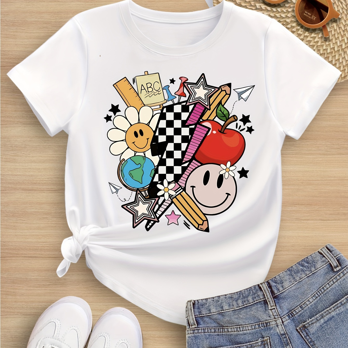 

Cartoon Stationery Graphic Print Creative T-shirts, Soft & Elastic Comfy Crew Neck Short Sleeve Tee, Girls' Summer Tops