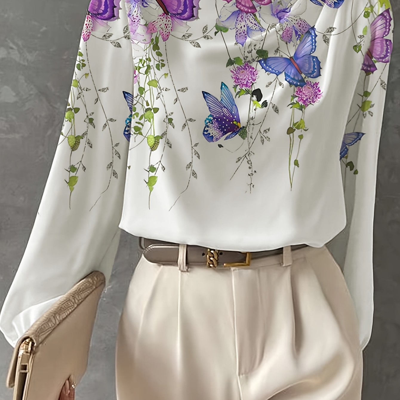 

Butterfly Print Mock Neck Blouse, Elegant Long Sleeve Back Keyhole Blouse For Spring & Fall, Women's Clothing