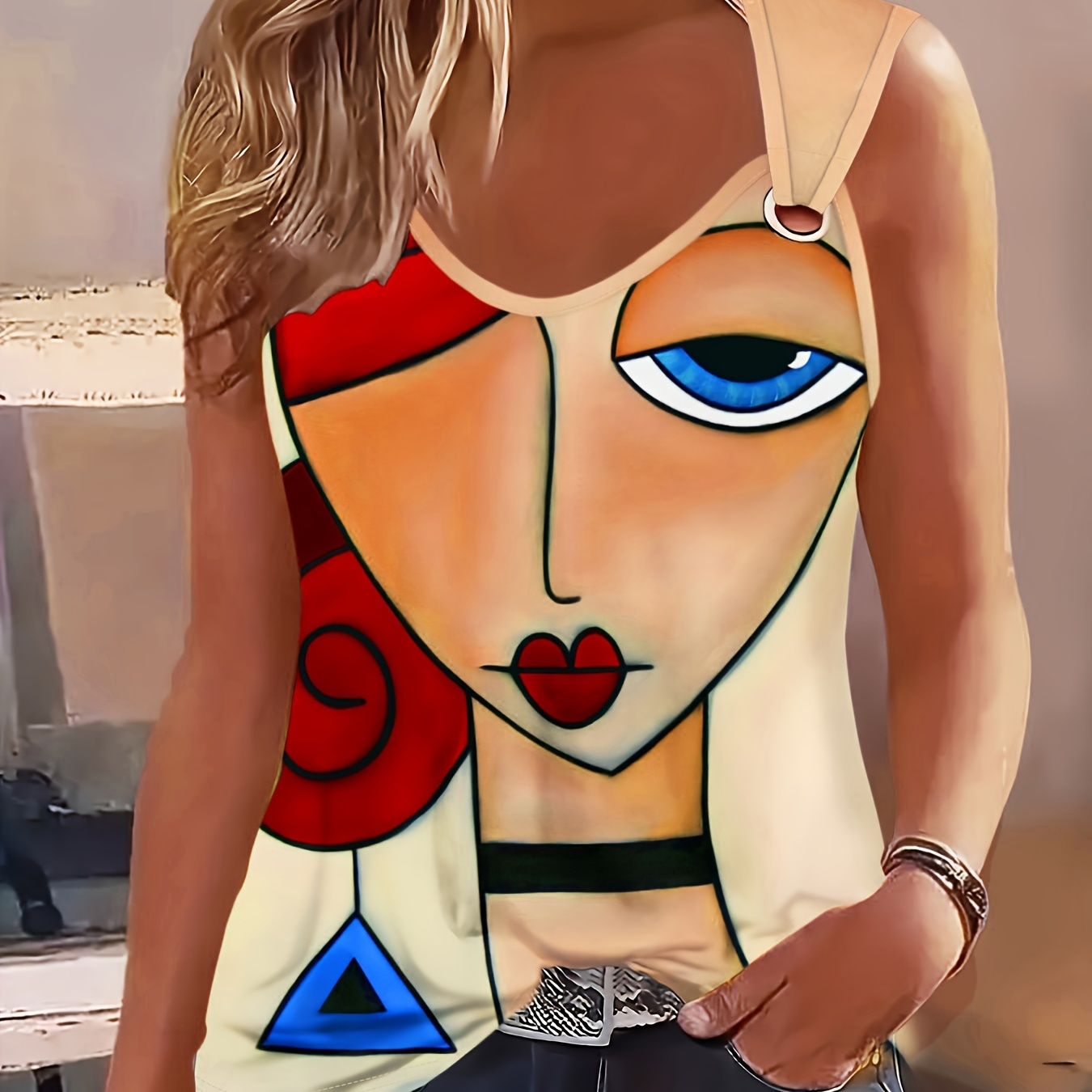 

Plus Size Abstract Portrait Print Tank Top, Casual Crew Neck Sleeveless Tank Top For Summer, Women's Plus Size clothing