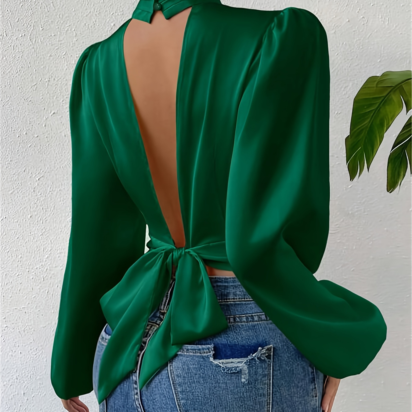 

Backless Mock Neck Blouse, Elegant Knot Back Long Sleeve Blouse For Spring & Fall, Women's Clothing