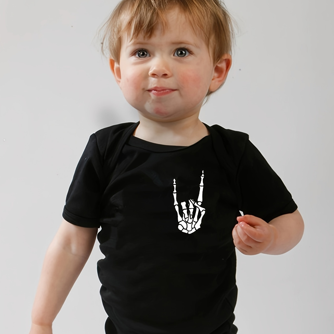 

Baby's Cartoon Rock Skeleton Hand Print Triangle Bodysuit, Comfy Short Sleeve Romper, Toddler & Infant Girl's Onesie For Summer, As Gift