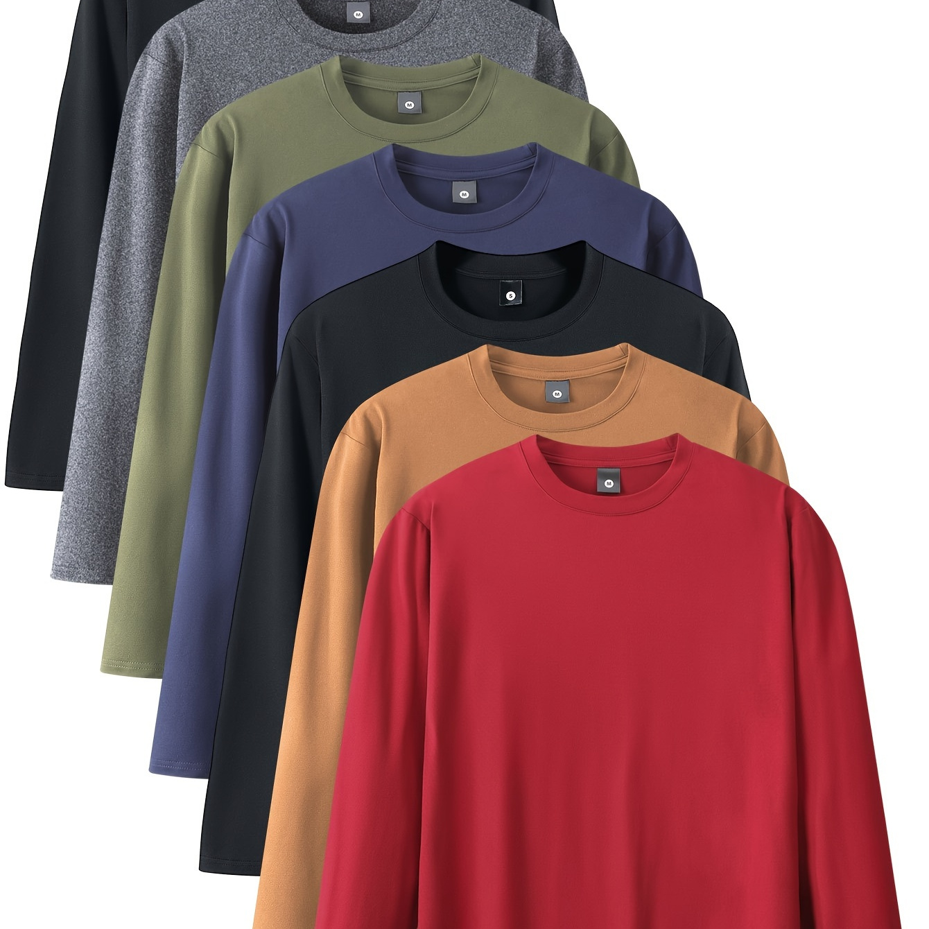 

7pcs Men's Long Sleeve T-shirts - Solid Color, Casual & Sporty, Stretch Fabric, Machine Washable - Outdoor Activities, Camping, Travel & Casual Attire