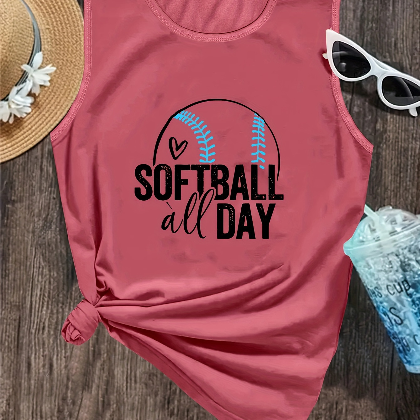 

Softball Print Crew Neck Tank Top, Casual Sleeveless Top For Summer & Spring, Women's Clothing
