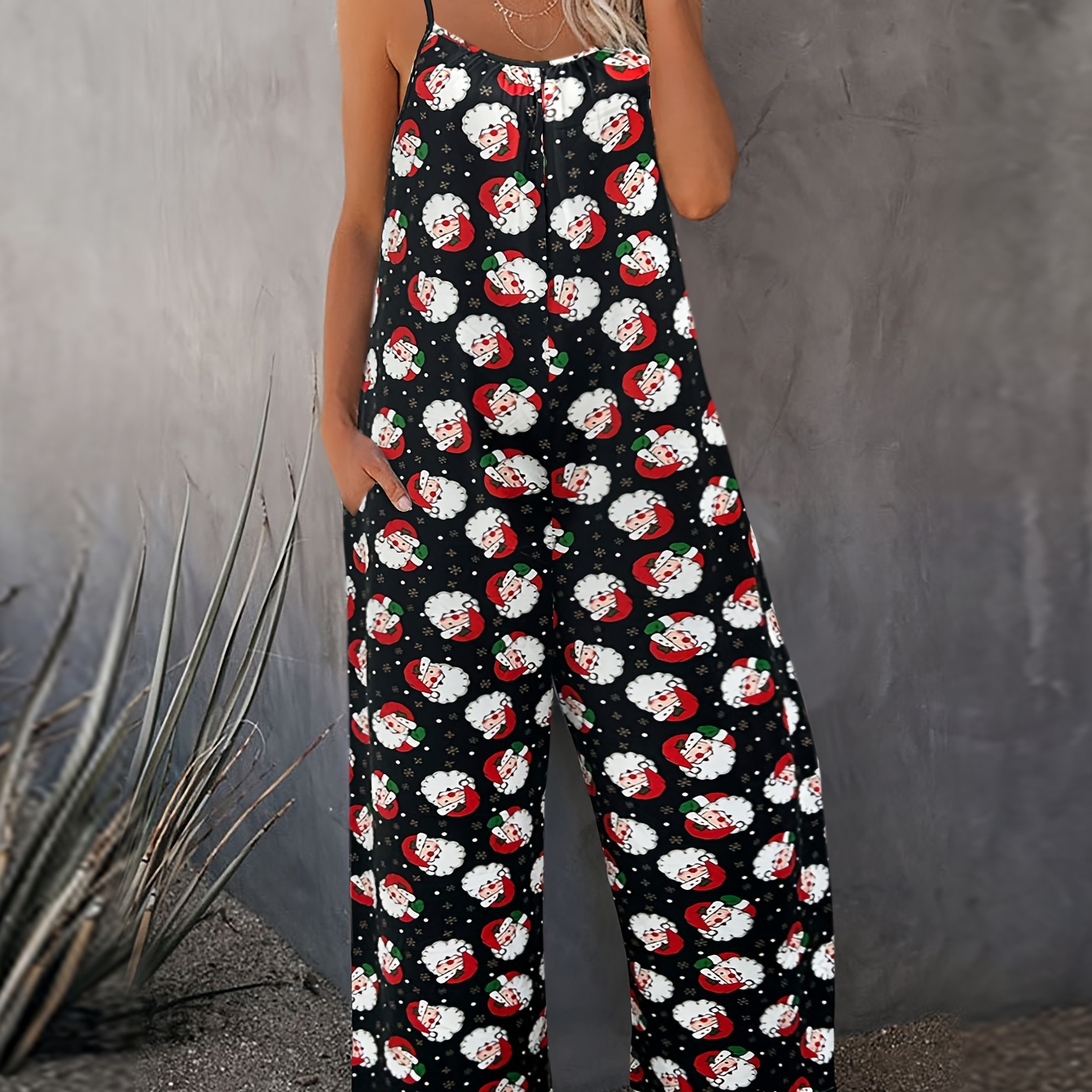 

Santa Print Spaghetti Strap Jumpsuit, Casual Sleeveless Wide Leg Jumpsuit For Spring & Summer, Women's Clothing