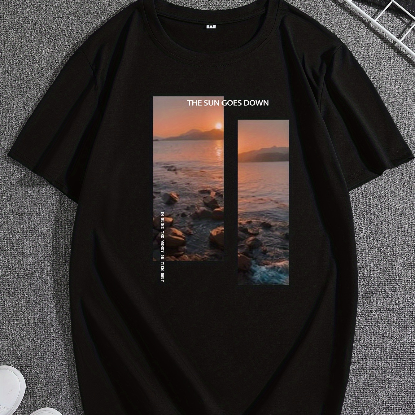 

"the Sun Goes Down..." And Cartoon Sunset View Graphic Print, Men's Novel Design T-shirt, Casual Comfy Tees For Summer, Men's Clothing Tops For Daily Activities