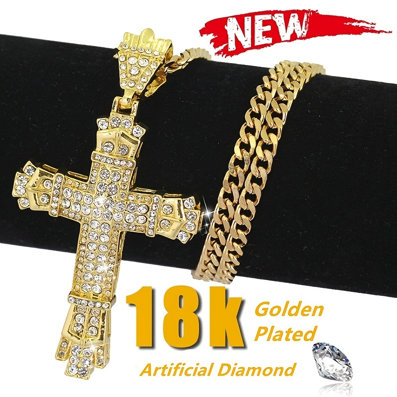 

18k Golden Plated Men's Necklace, Vintage Fashion Full Rhinestone Cross Pendant, Hip Hop Necklaces For Male, Antique Jewelry Golden Chain
