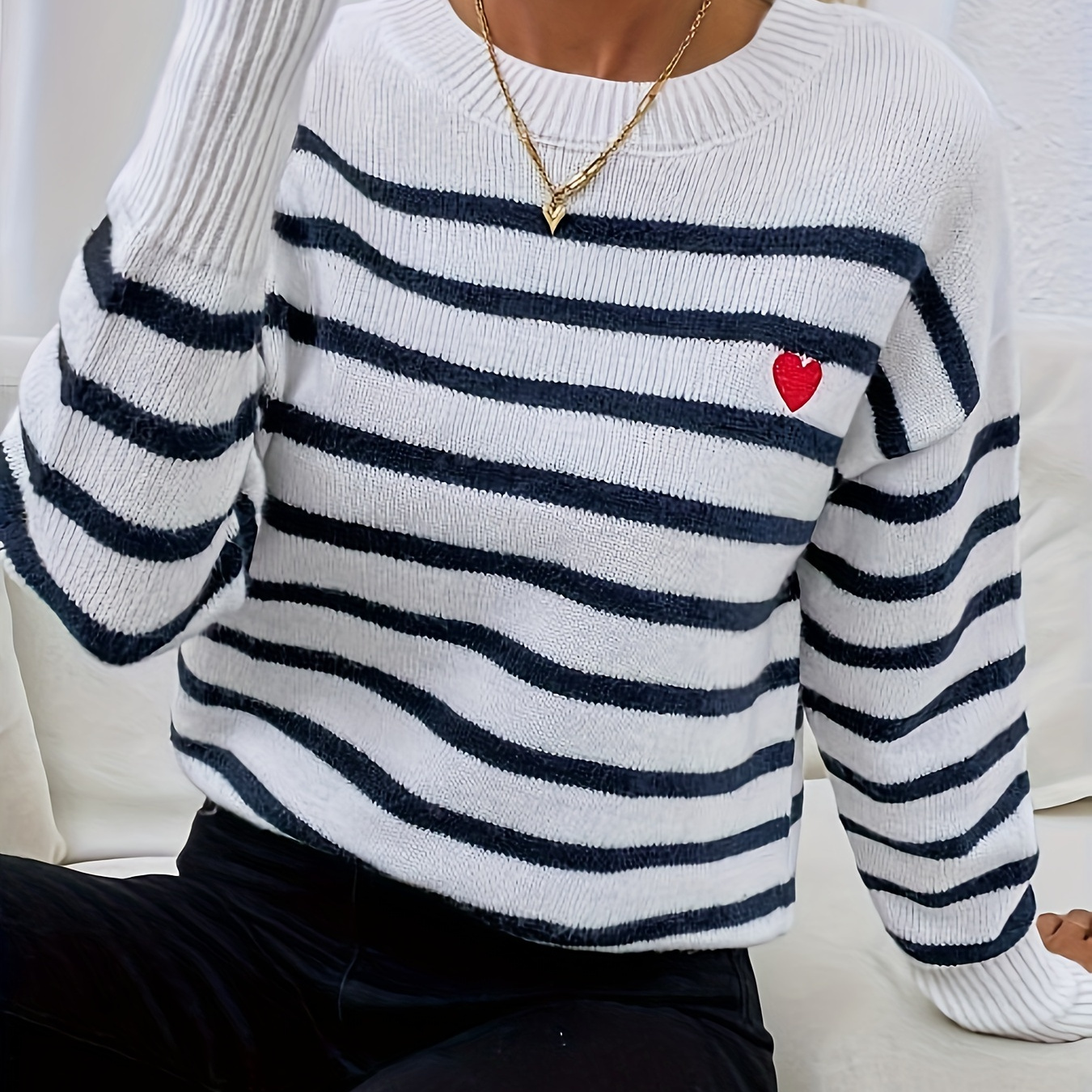 

Heart Pattern Crew Neck Sweater, Casual Drop Shoulder Long Sleeve Striped Pullover Sweater For Spring & Fall, Women's Clothing