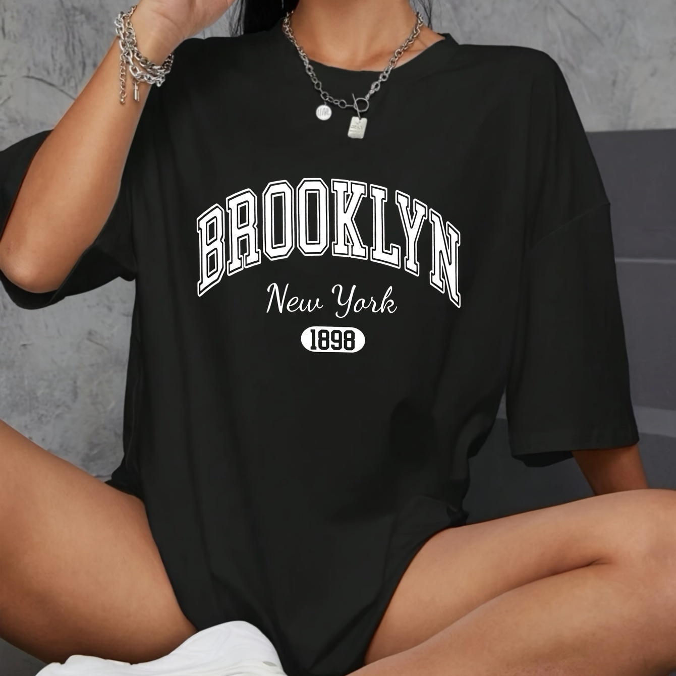 

Brooklyn Letter Print Drop Shoulder T-shirt, Casual Short Sleeve Oversized T-shirt, Women's Clothing