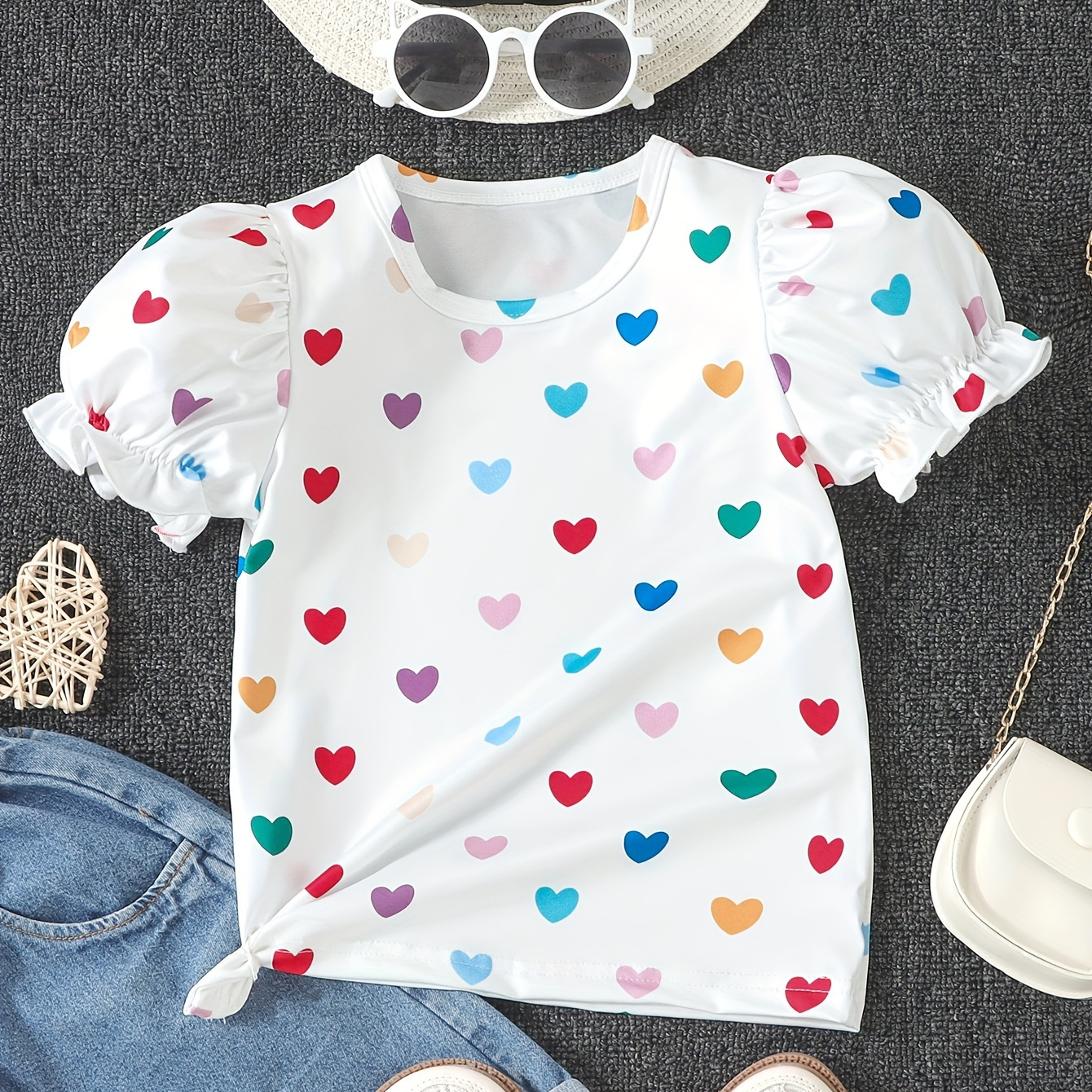 

Girls Colorful Heart Graphic Tees Shamrock Print Crew Neck Puff Short Sleeve T-shirt Pullover For Summer Valentine's Day St. Patrick's Day Gift