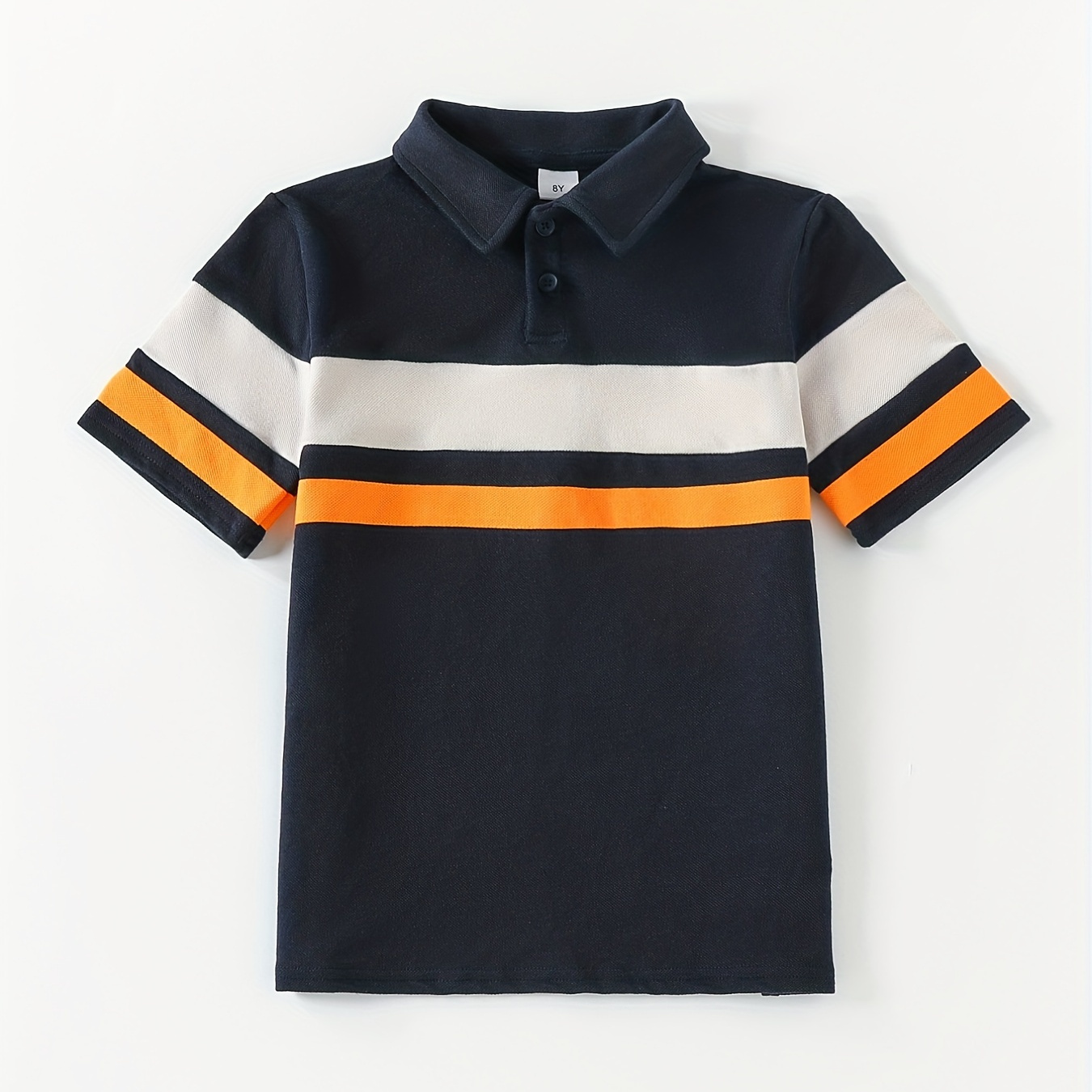 

Boys Color Block Striped Creative Shirt, Casual Lightweight Comfy Short Sleeve Lapel Tee Tops, Kids Clothings For Summer