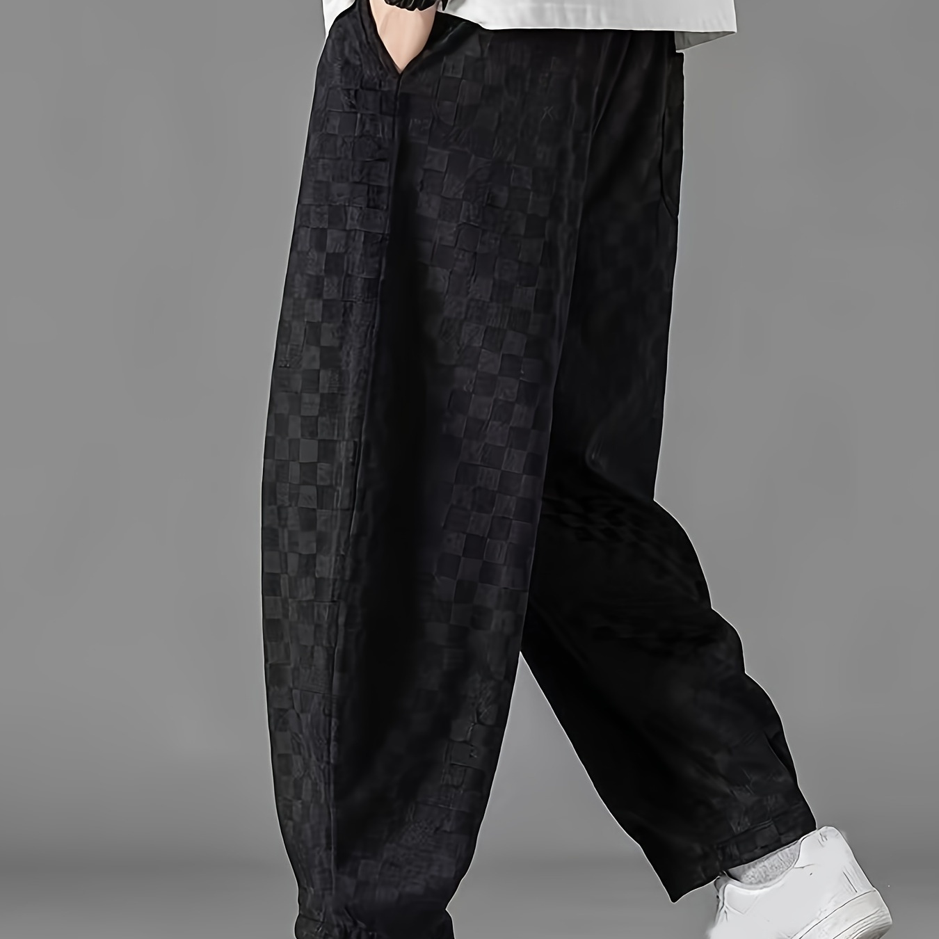 

Men's Loose Corduroy Checkered Print Sports Pants With Pockets, Casual Drawstring Trousers For Outdoor Activities Gift