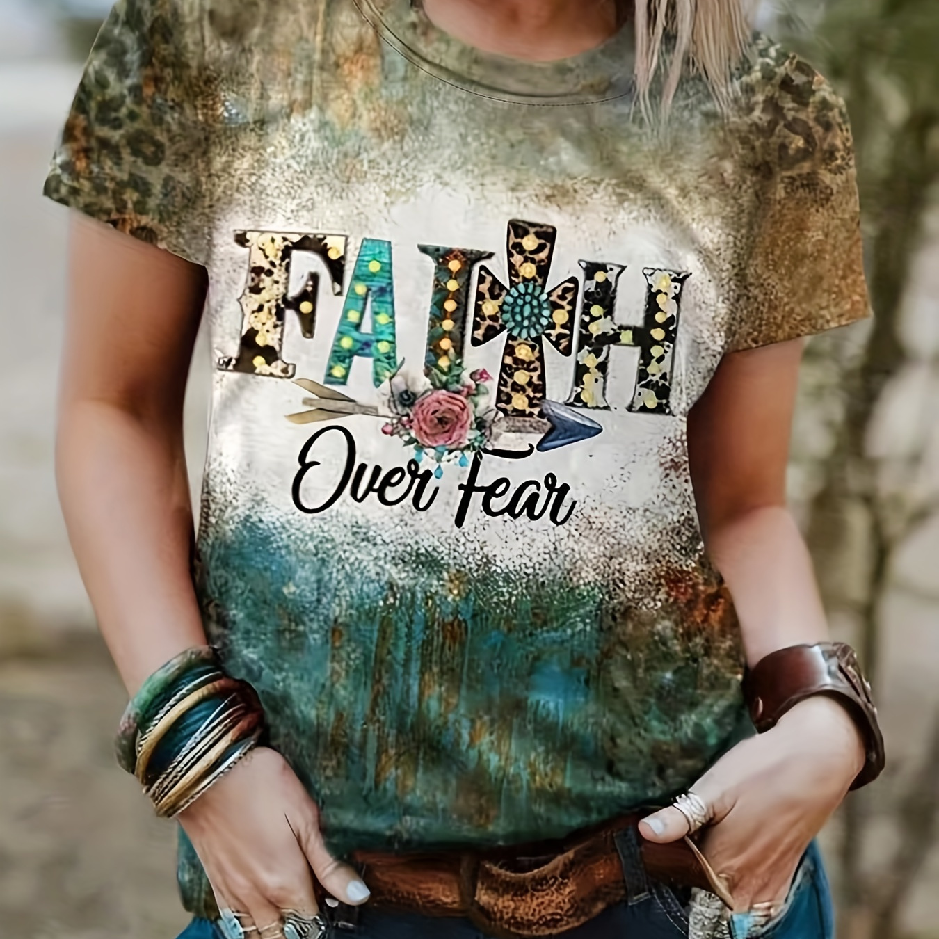 

Faith Letter Print T-shirt, Short Sleeve Crew Neck Casual Top For All Season, Women's Clothing