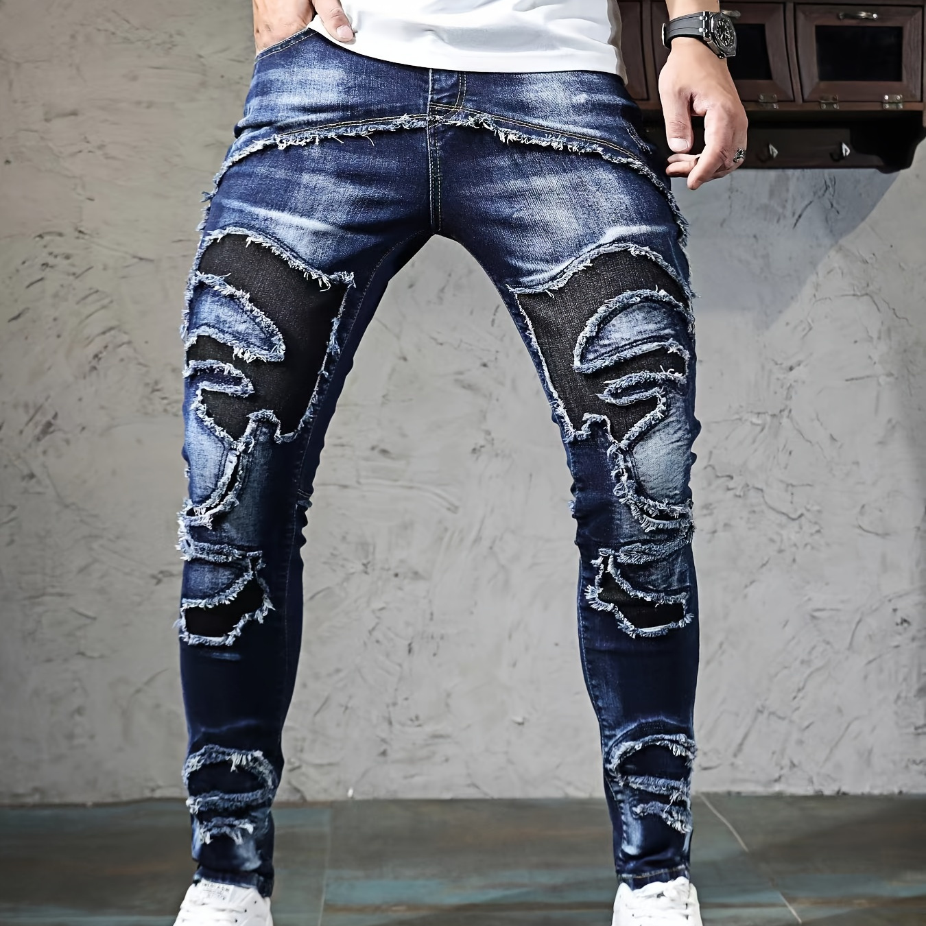 

Men's Skinny Fit Cuffed Denim Jeans With Ripped Pieces And Raw Hem, Stylish And Novel Jeans For Street Wear