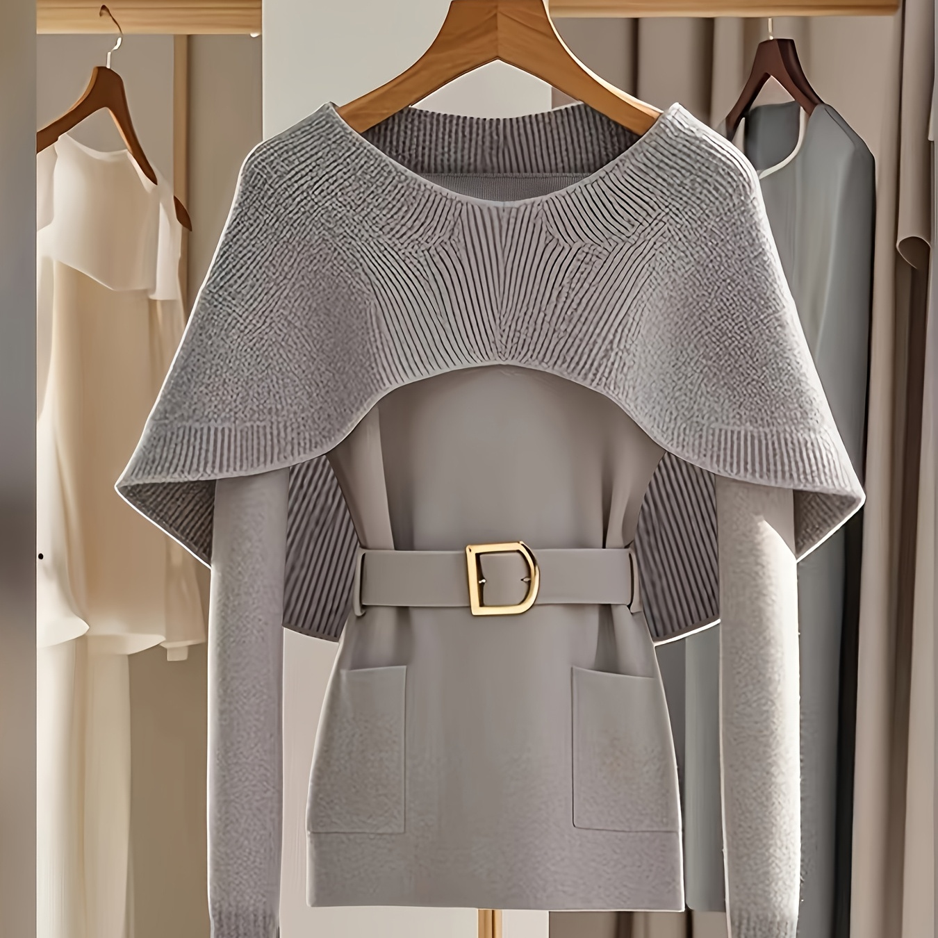 

1pc Elegant Grey Knit Cardigan With Cape Shawl, Women's Soft Polyester Crew Neck Long Sleeve Sweater With Belt, Solid Color Pullover For Spring/summer/fall - 2024 New Arrival