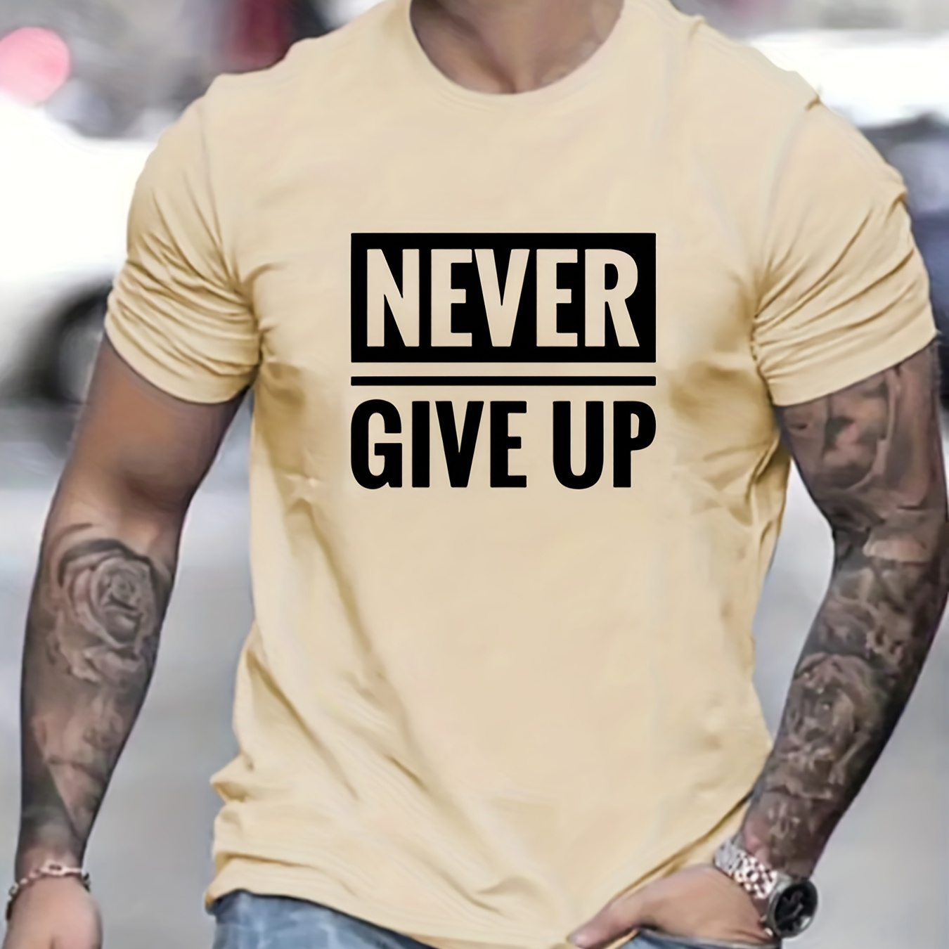 

'never Give Up' Print Tee Shirt, Tee For Men, Casual Short Sleeve T-shirt For Summer Spring Fall, Tops As Gifts