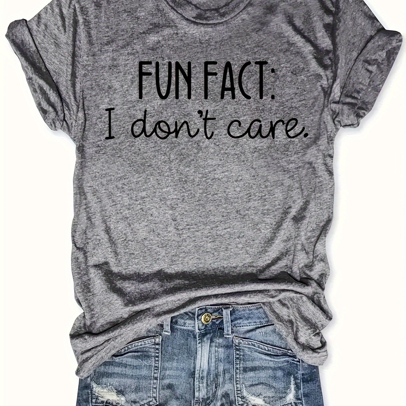 

Plus Size I Don't Care Print T-shirt, Casual Crew Neck Short Sleeve T-shirt For Spring & Summer, Women's Plus Size Clothing