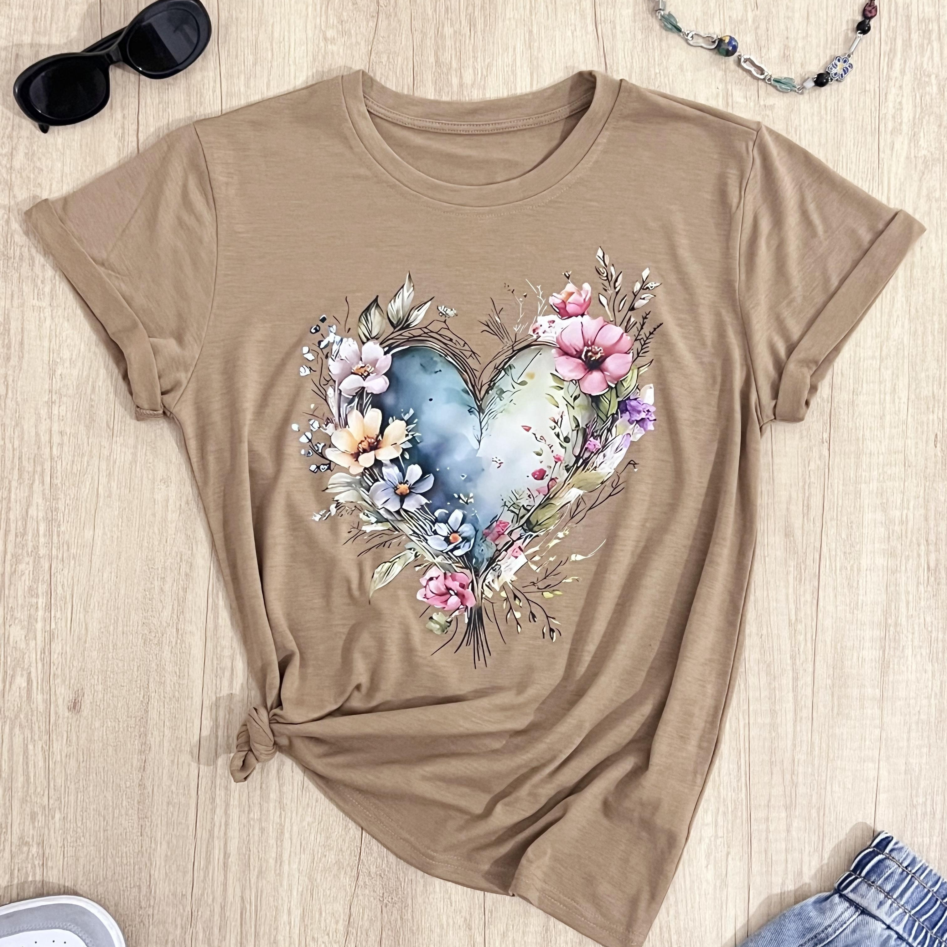 

Heart Print Crew Neck T-shirt, Casual Short Sleeve T-shirt For Spring & Summer, Women's Clothing