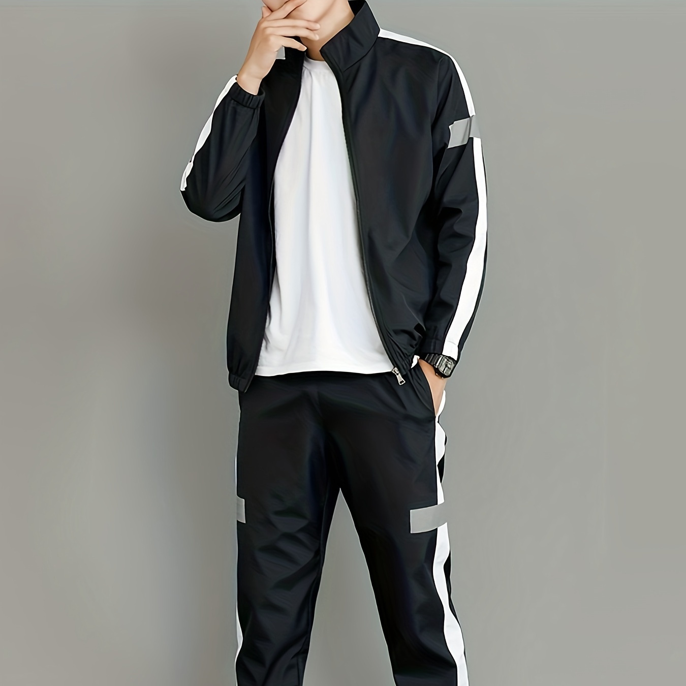 

Spring And Autumn Men' Suit, Two-piece Set Of Top And Pants, Collar Long Sleeve