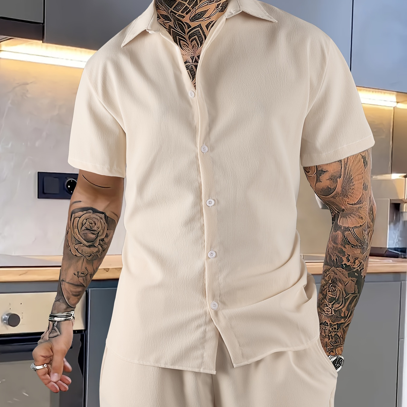 

Men's 2pcs Co Ord Set Of Solid Outfits, Short Sleeve Button Up Lapel Shirt And Drawstring Shorts, Casual And Trendy Set For Summer Business And Outdoors Leisurewear