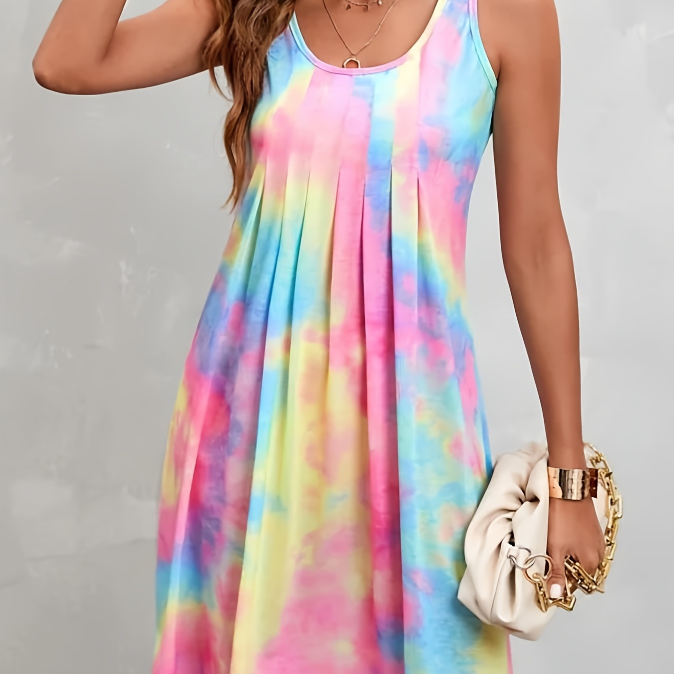 

Tie Dye Crew Neck Tank Dress, Vacation Style Sleeveless Pleated Dress For Spring & Summer, Women's Clothing