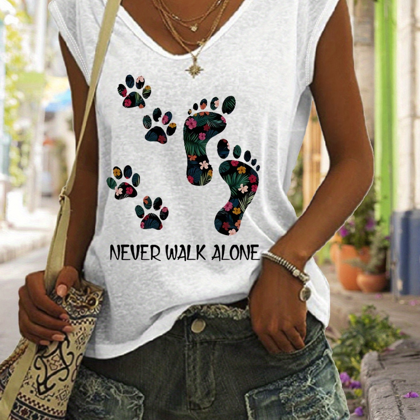 

Paw Print Tank Top, Cap Sleeve Casual Top For Summer & Spring, Women's Clothing