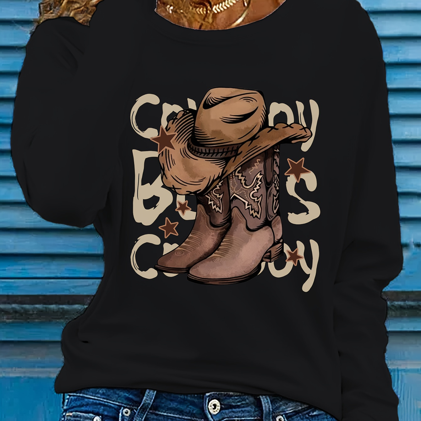 

Women's Casual Crew Neck Long Sleeve Polyester T-shirt With Western Boots And Hat Cartoon Applique, Slight Stretch Knit Fabric, Regular Fit Pullover For Fall