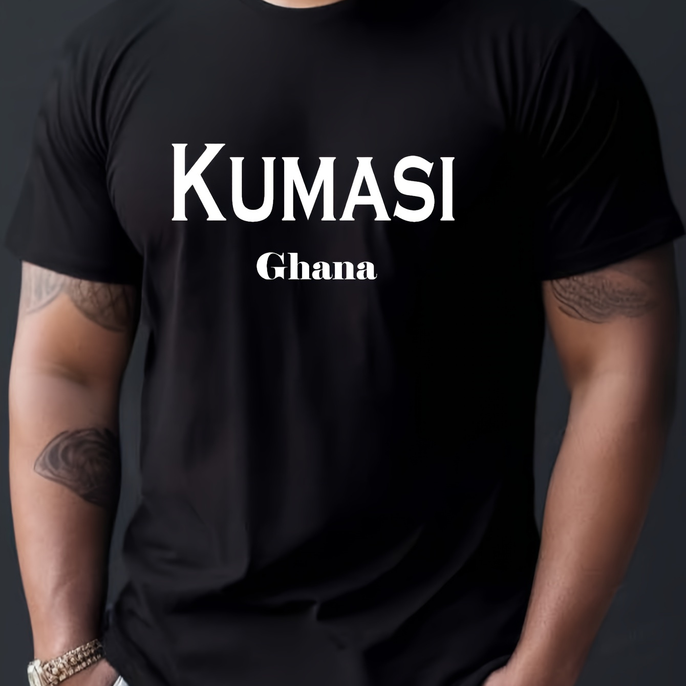 

Ghana City Kumasi Letter Print Men's Crew Neck Short Sleeve T-shirt, Trendy Tees, Casual Comfy Lightweight Top For Summer