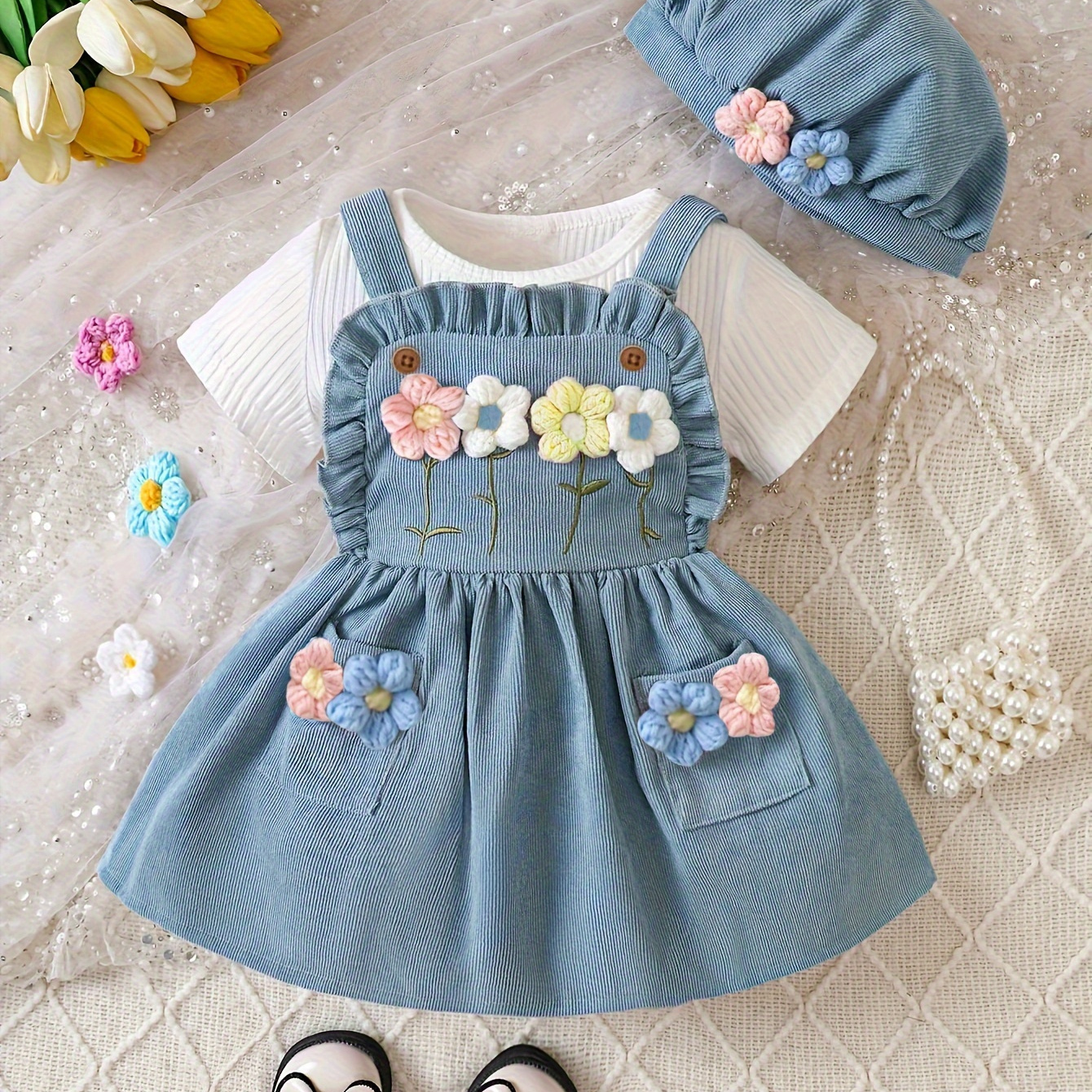 

Baby's Floral Decor 2pcs Lovely Spring Summer Outfit, Ribbed T-shirt & Denim Suspender Overall Dress & Hat Set, Toddler & Infant Girl's Clothes For Daily/holiday/party
