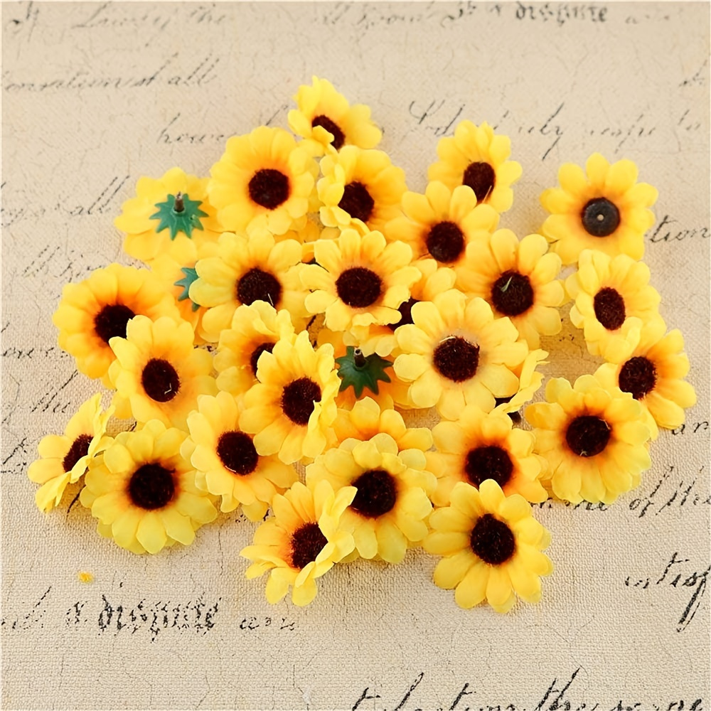 KINWELL 100pcs Mini Artificial Silk Yellow Sunflower Heads 1.8 inch Fabric Floral for Home Decoration Wedding Decor, Bride Holding Flowers,Garden