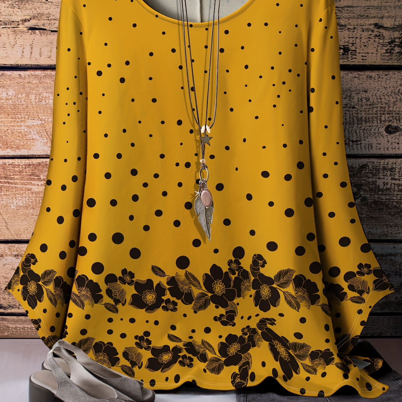 

Plus Size Flower & Polka Dot Print T-shirt, Elegant Long Sleeve Crew Neck Top For Spring & Fall, Women's Plus Size Clothing