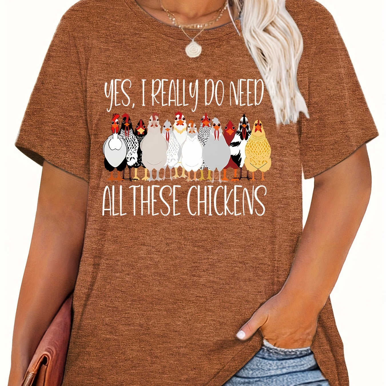 

Plus Size Chicken Print T-shirt, Casual Crew Neck Short Sleeve Top For Spring & Summer, Women's Plus Size Clothing