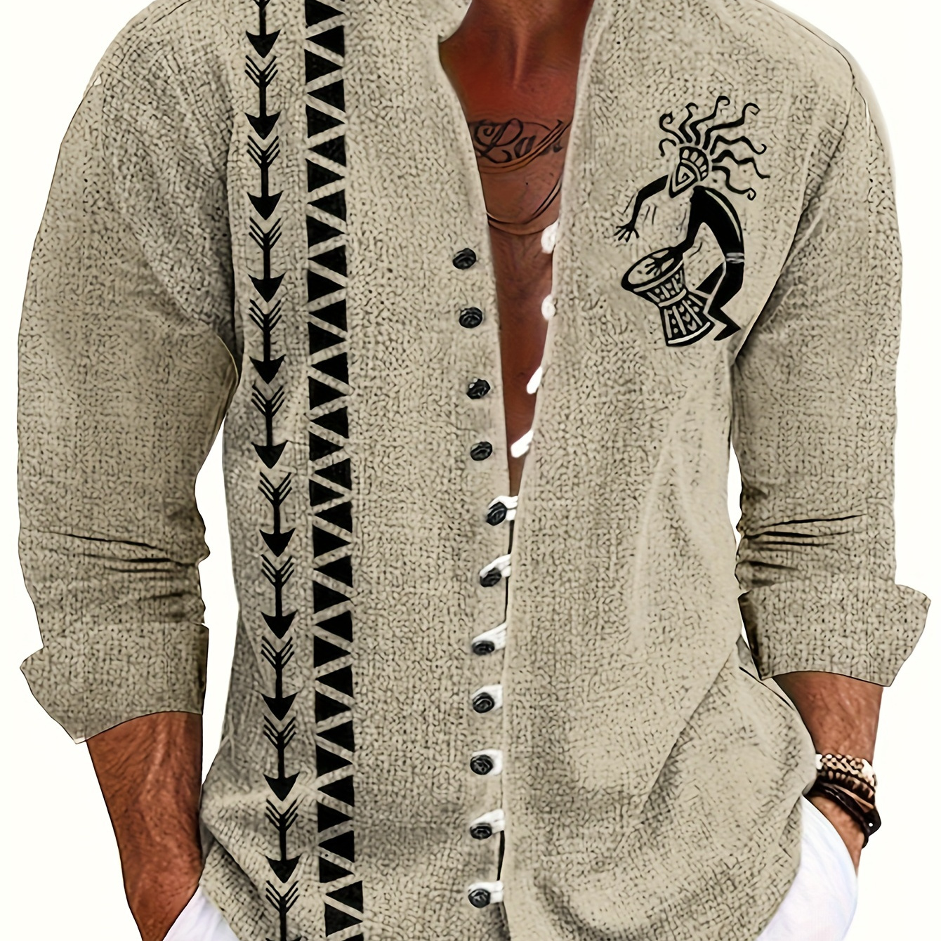 

Men's Ethnic Figure Pattern Long Sleeve Lapel Shirt For Spring And Fall, Casual Comfy Trendy Shirt As Gift