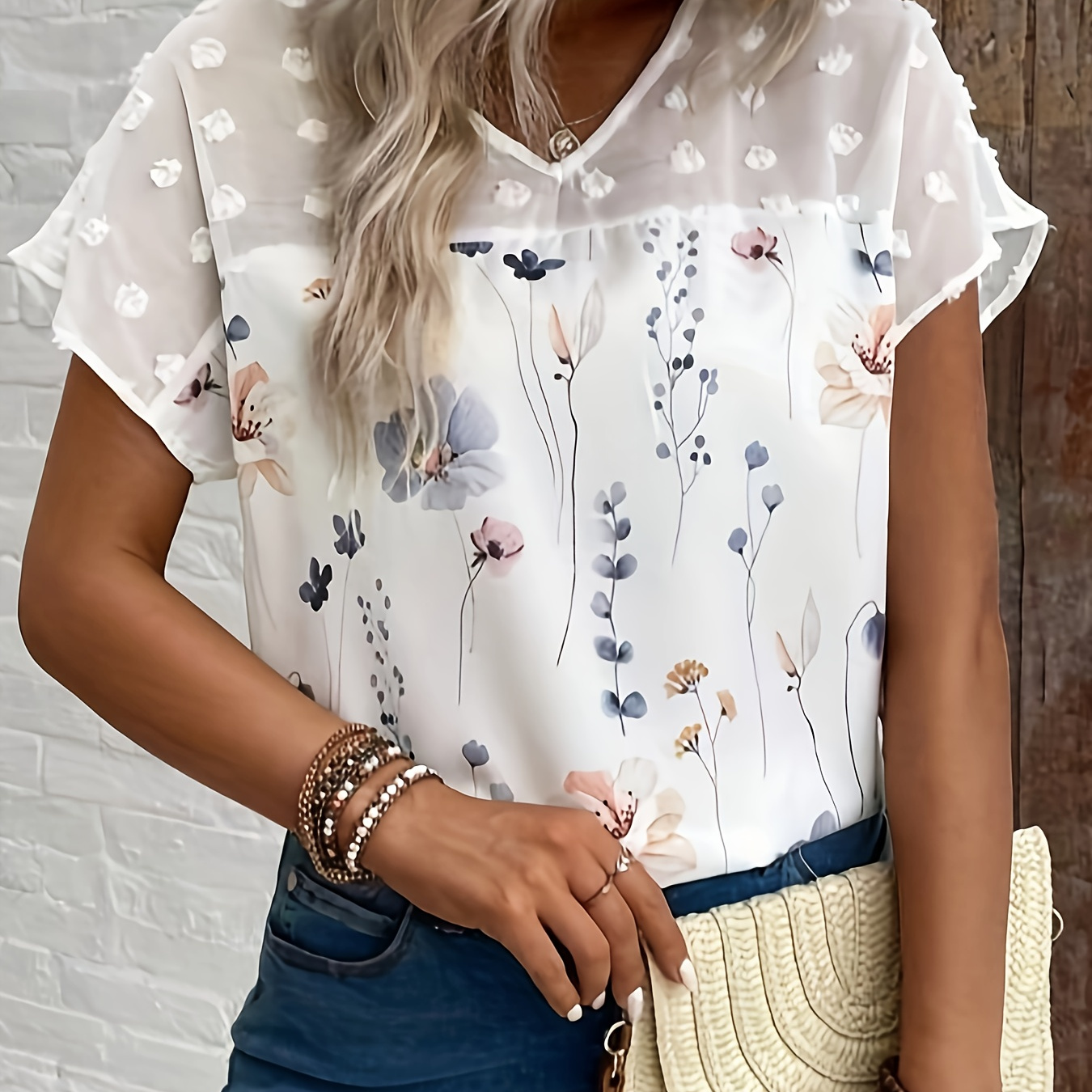 

Floral Print Contrast Mesh Blouse, Elegant V Neck Short Sleeve Blouse For Spring & Summer, Women's Clothing