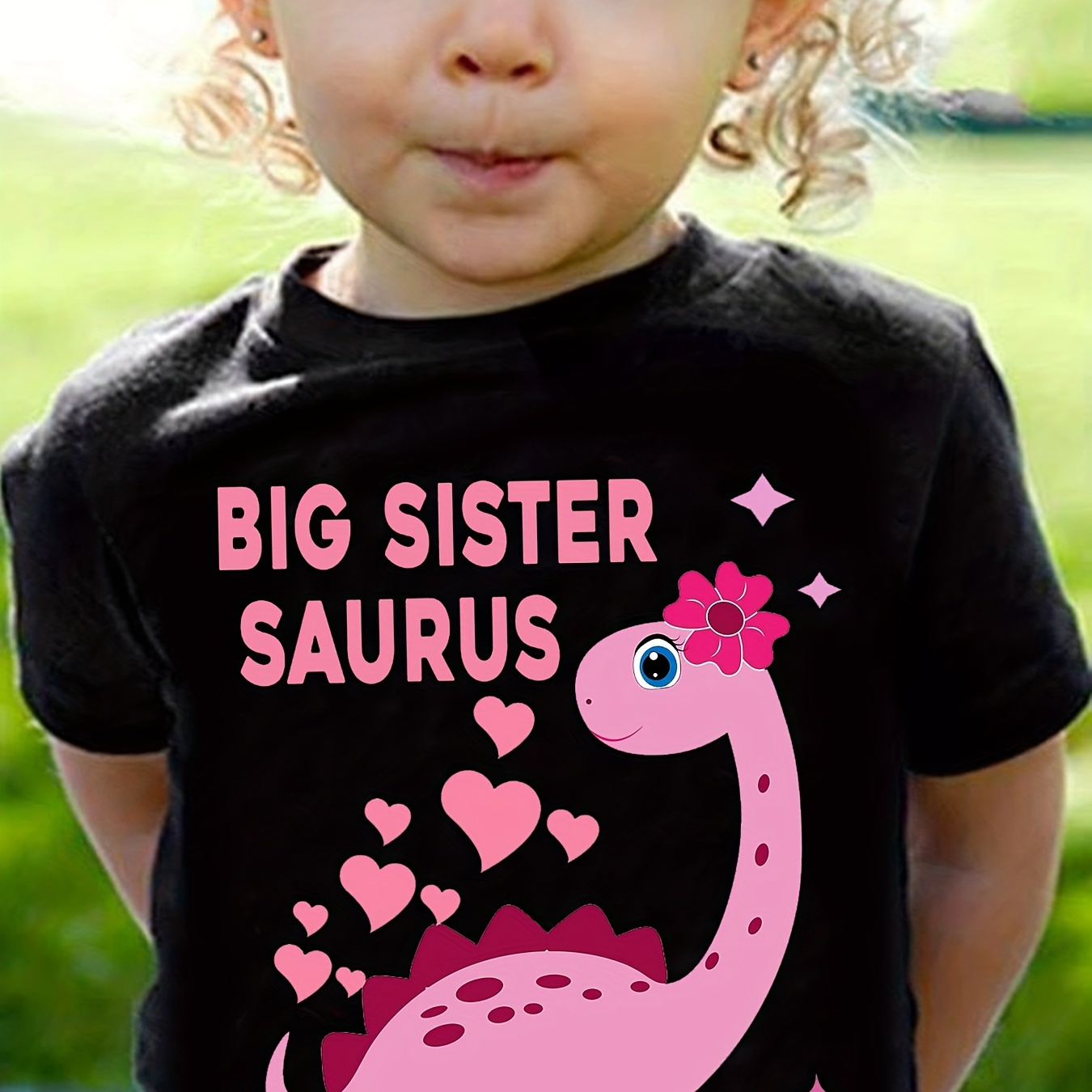 

Big Sister Saurus & Cartoon Dinosaur With Hearts Graphic Print Tee, Girls' Casual & Comfy Crew Neck Short Sleeve T-shirt For Spring & Summer, Girls' Clothes For Outdoor Activities