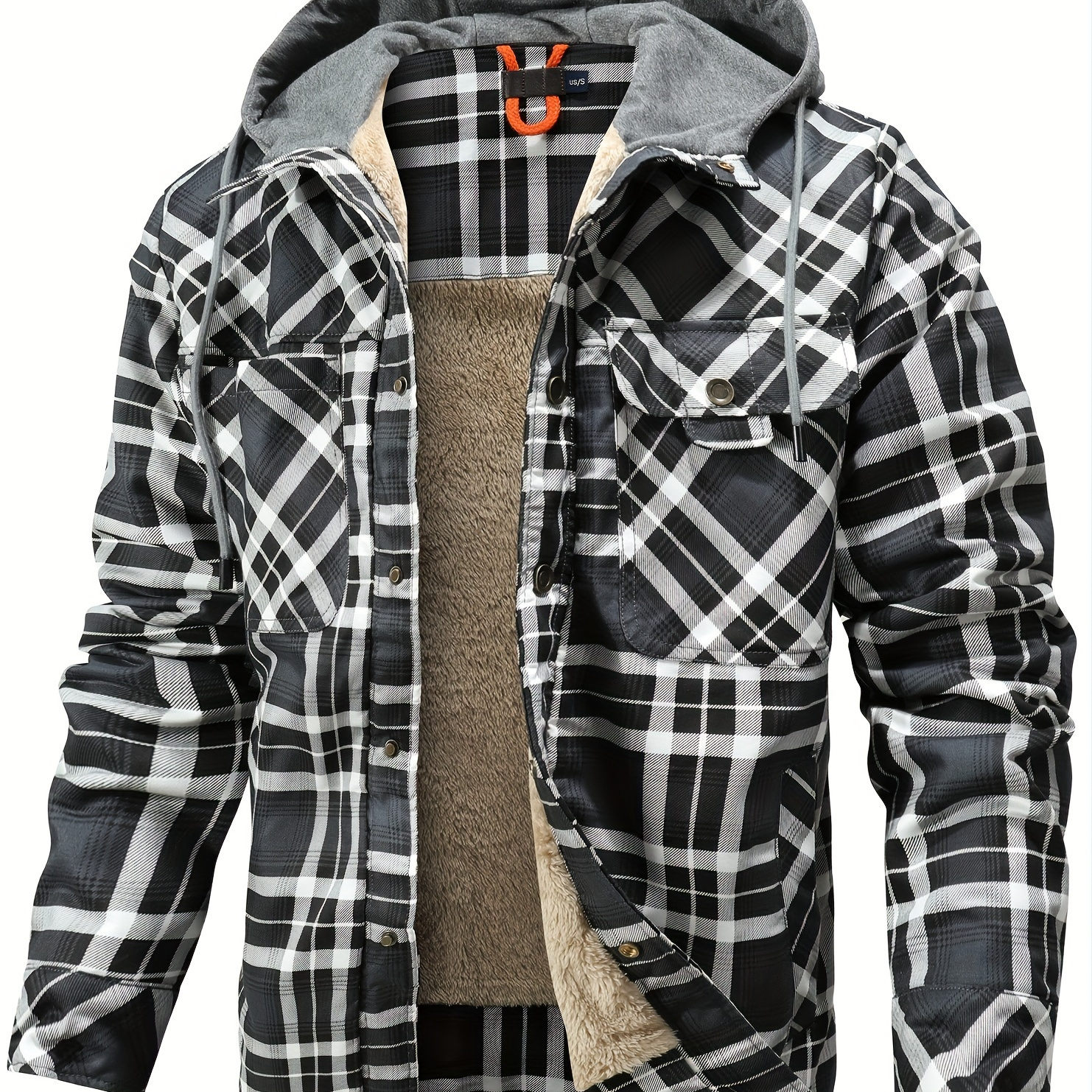 

Men's Plaid Sherpa-lined Hooded Jacket, Casual Style, Button Down Cozy Fleece Winter Coat, Warm Fashion Outerwear